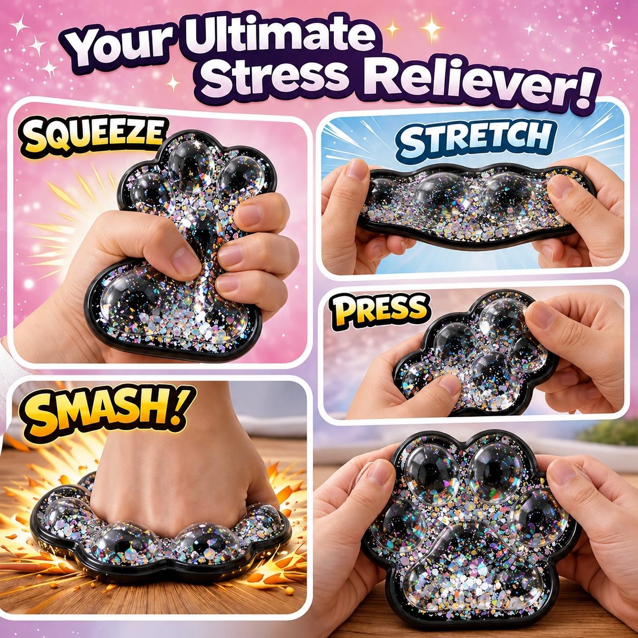 A. Cute Cat Paw Squishy Toy with Premium Plastic Bag Packaging, Glitter Sensory Squeeze Toy for Stress Relief, Slow Rising Kawaii Paw Fidget, Decompression Squishy Gift for Kids & Adults