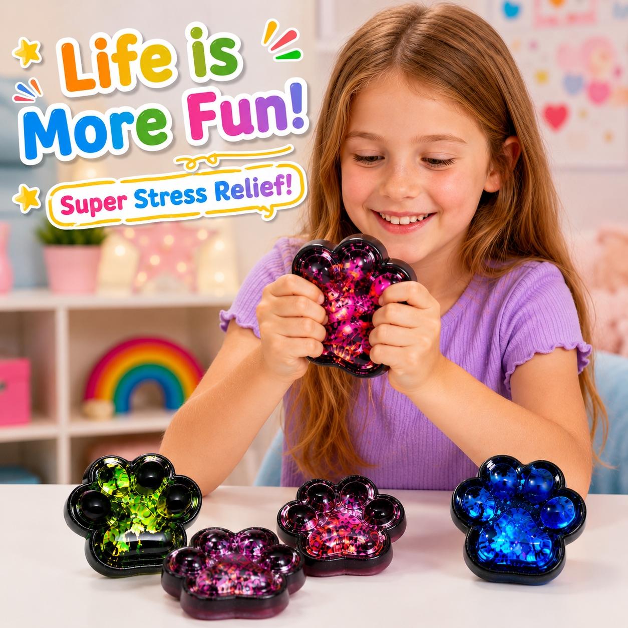 A. Cute Cat Paw Squishy Toy with Premium Plastic Bag Packaging, Glitter Sensory Squeeze Toy for Stress Relief, Slow Rising Kawaii Paw Fidget, Decompression Squishy Gift for Kids & Adults