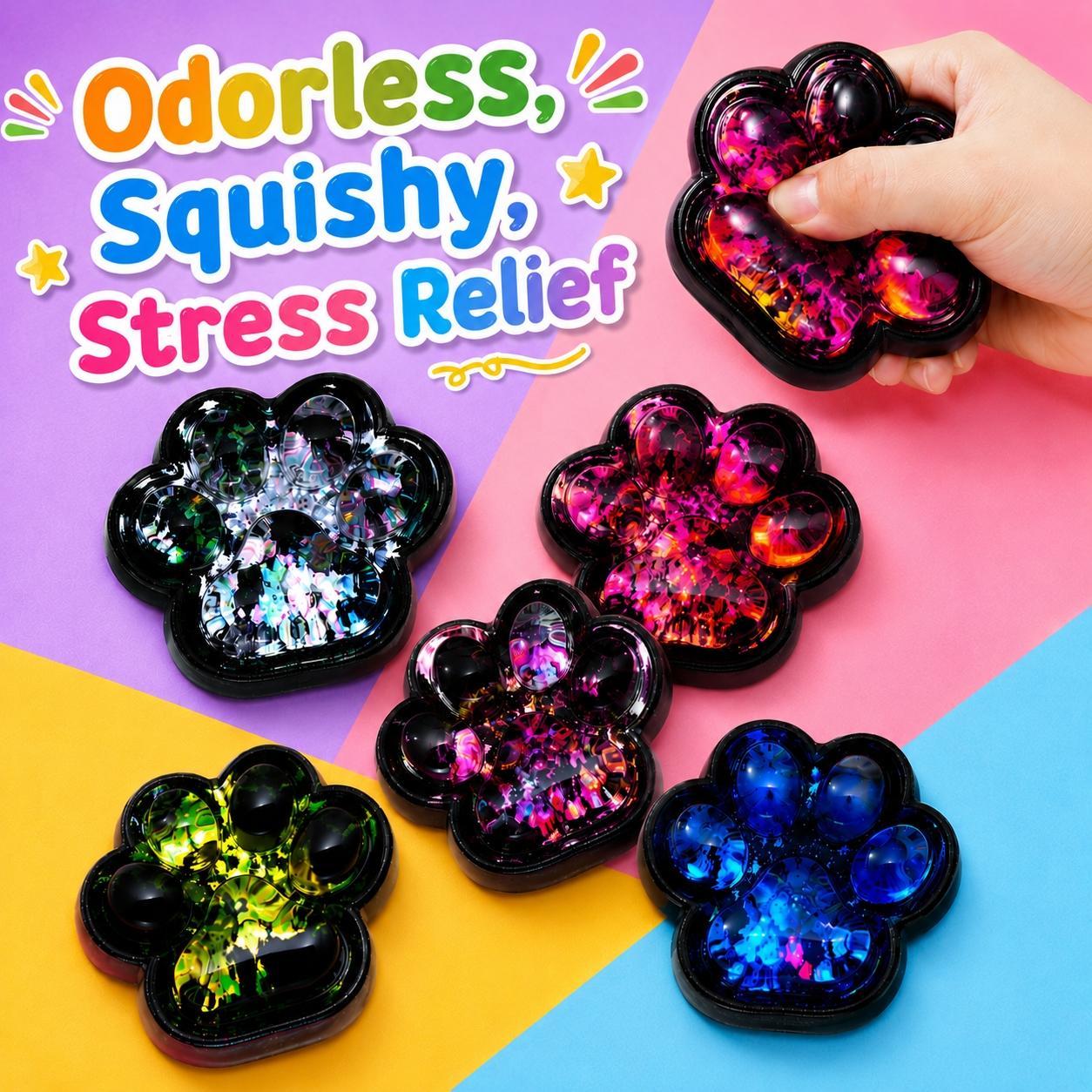 A. Cute Cat Paw Squishy Toy with Premium Plastic Bag Packaging, Glitter Sensory Squeeze Toy for Stress Relief, Slow Rising Kawaii Paw Fidget, Decompression Squishy Gift for Kids & Adults